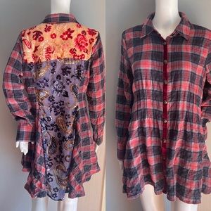 Soft Surroundings Plaid Flannel Shirt with Velvet Detailing Size M